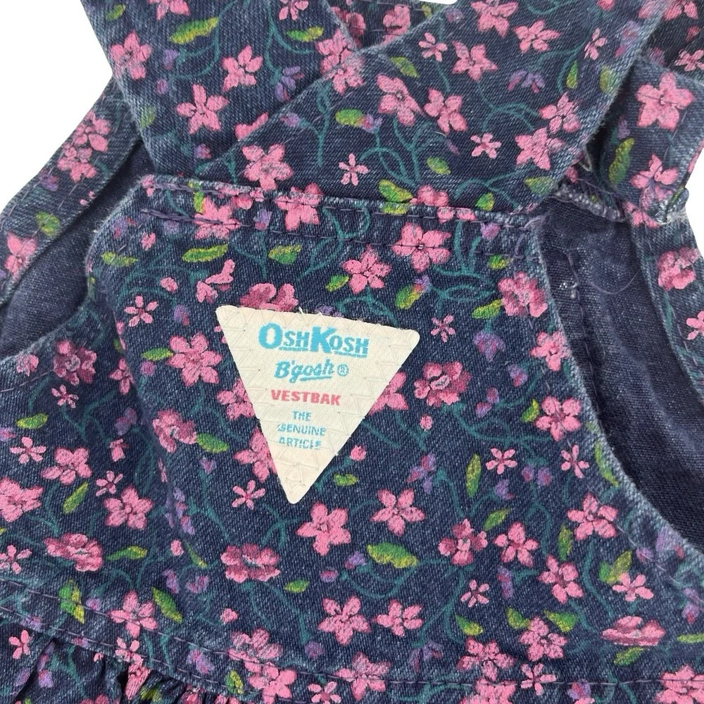 Vintage OshKosh B'gosh Blue Floral Denim Girls Overall Dress SZ 3T Made In USA